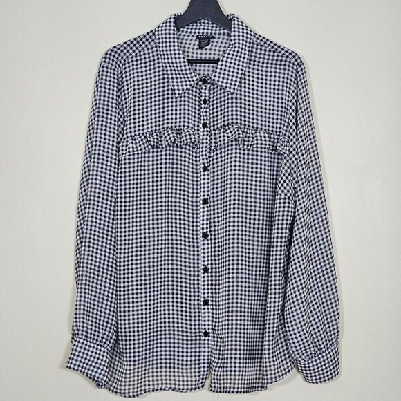 Torrid Top Womens 2X Black White Gingham Buttons LS Ruffles Boho Cottagecore - Picture 1 of 13